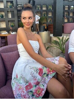Zimmermann Bellitude Bustier Short Dress in Ivory Floral, Sz 8, brand Size 2